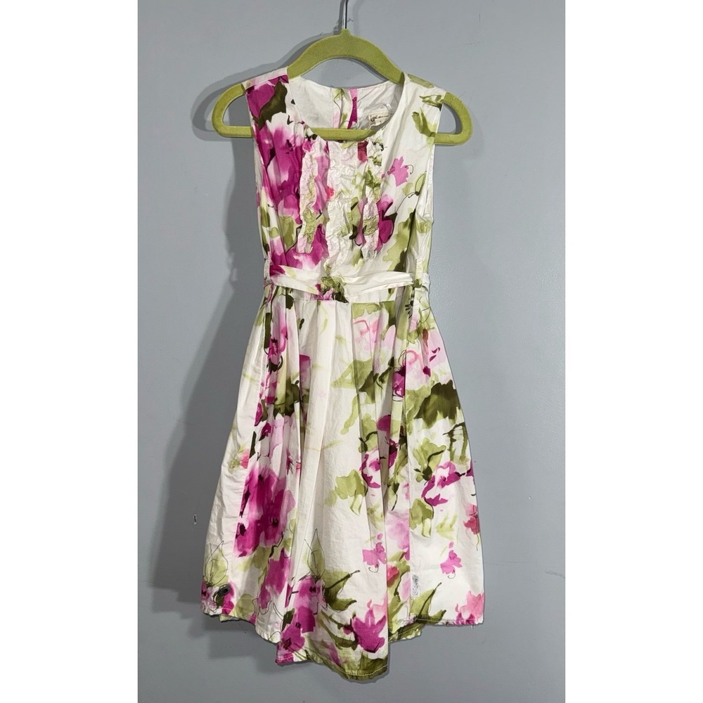 Jottum girls white and pink floral tie waist dress ruffle chest dress US 7-8